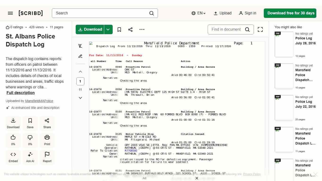 St. Albans Police Dispatch Log | PDF | Transport | Road Transport