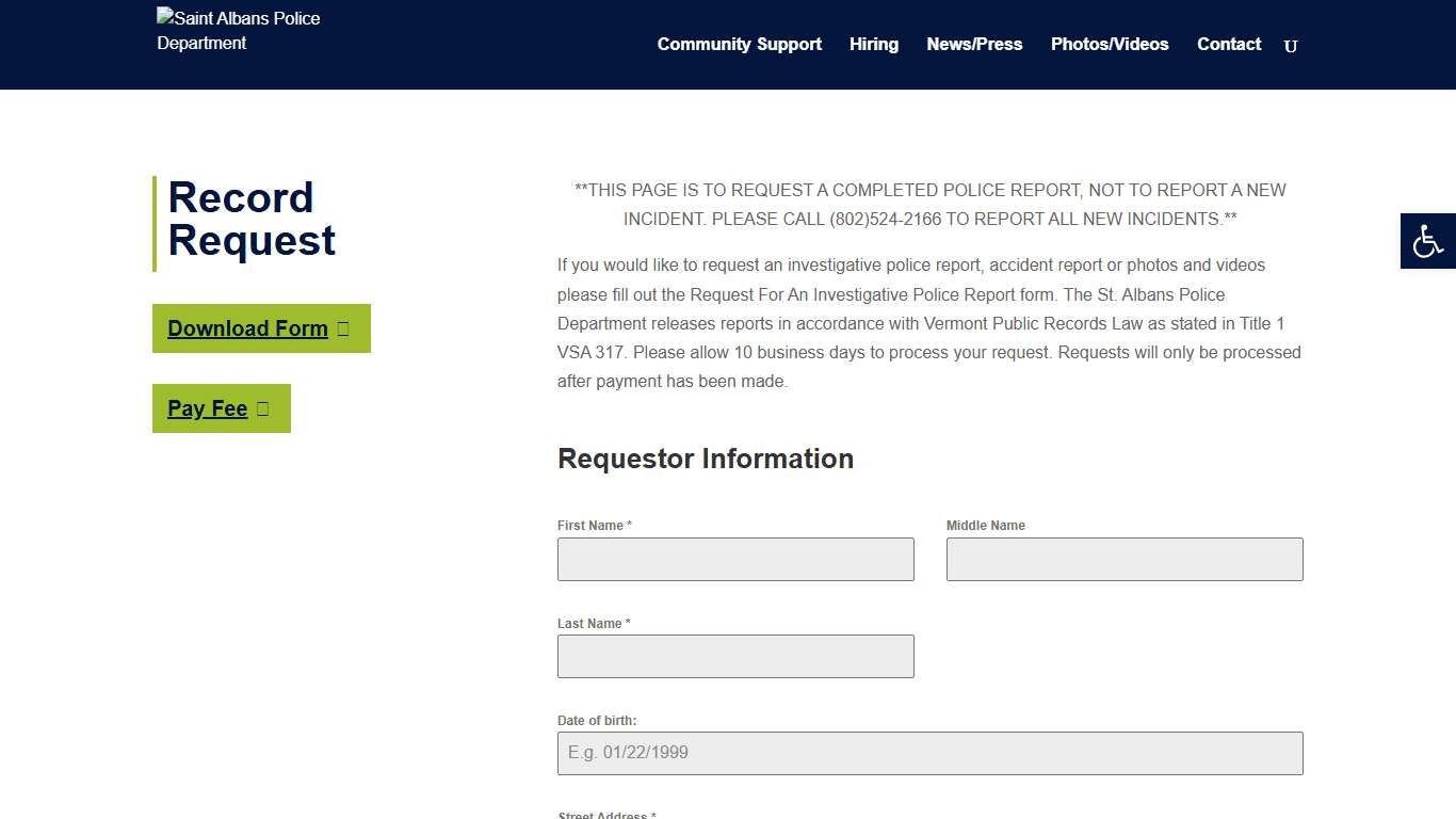 Record Request | Saint Albans Police Department